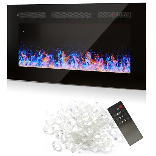 36" Electric Fireplace Insert, Wall Fireplace Electric with Remote Control, 12 Adjustable Flames, Freestanding/Wall Mounted/Recessed, 750/1500W Fireplace Insert, Timer, Ultra-Thin Design Vabches