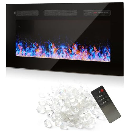 36" Electric Fireplace Insert, Wall Fireplace Electric with Remote Control, 12 Adjustable Flames, Freestanding/Wall Mounted/Recessed, 750/1500W Fireplace Insert, Timer, Ultra-Thin Design Vabches