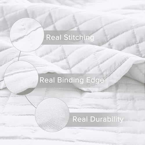 Comfort Spaces Kienna Quilt Set- Double Sided Stitching Design Summer Blanket, Lightweight, Soft, All Season Bedding Layer, Matching Sham, White, Coverlet Twin/Twin XL(66"x90") 2 Piece Comfort Spaces