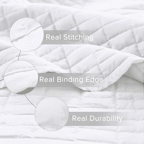 Comfort Spaces Kienna Quilt Set- Double Sided Stitching Design Summer Blanket, Lightweight, Soft, All Season Bedding Layer, Matching Sham, White, Coverlet Twin/Twin XL(66"x90") 2 Piece Comfort Spaces
