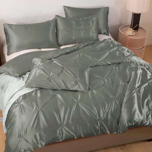 Heywaller 5-Piece Pinch Pleat Duvet Cover Set, Pintuck Duvet Cover Full Size with Zipper, Gray Satin Duvet Cover Shabby Chic Bedding (2 Pillow Shams + 2 Pillowcases), No Comforter Heywaller