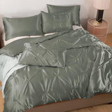 Heywaller 5-Piece Pinch Pleat Duvet Cover Set, Pintuck Duvet Cover Full Size with Zipper, Gray Satin Duvet Cover Shabby Chic Bedding (2 Pillow Shams + 2 Pillowcases), No Comforter Heywaller