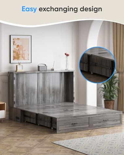 ADOWORE Queen Size Murphy Bed with Large Storage Drawer & Charging Station, Hideaway Full Foldable Platform Bed for Home Office or Guest Bedroom, Living Room,Grey ADOWORE