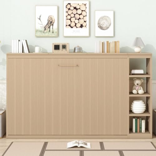 Virubi Full Horizontal Murphy Bed with Storage Shelves,Wood Fold Up Modern Murphy Wall Bed Cabinet with Storage Bookcase for Adults (Natural,Full) Virubi
