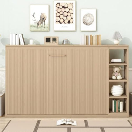 Virubi Full Horizontal Murphy Bed with Storage Shelves,Wood Fold Up Modern Murphy Wall Bed Cabinet with Storage Bookcase for Adults (Natural,Full) Virubi