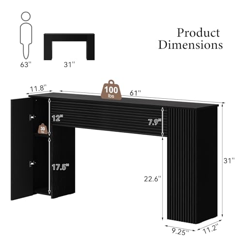 FABATO 61'' Fluted Long Console Table, Wooden Rectangular Sofa Table Behind The Couch, Narrow Entryway Table with 2 Hidden Storage Cabinets for Entrance, Hallway, Living Room, Foyer, Black FABATO