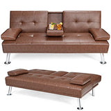 Giantex Convertible Futon Sofa Bed, Faux Leather Sectional Couch Sleeper, Removable Armrests 2 Cup Holders Backrest Adjustable, Upholstered Small Guest Bed for Apartment Living Room Brown Giantex