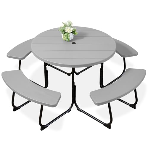 Best Choice Products 8-Person Outdoor Bench Patio Picnic Table, Circular w/ 4 Built-in Benches and Umbrella Hole, 2000lb Capacity - Light Gray Best Choice Products