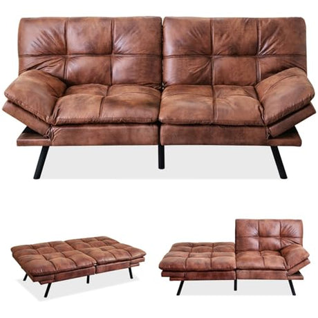 MUUEGM Brown Futon Sofa Bed Leather Memory Foam Modern Office Couch Sleeper Bed Convertible Love seat Sofa for Small Spaces,Apartment,Office with Adjustable Armrest Backrest MUUEGM