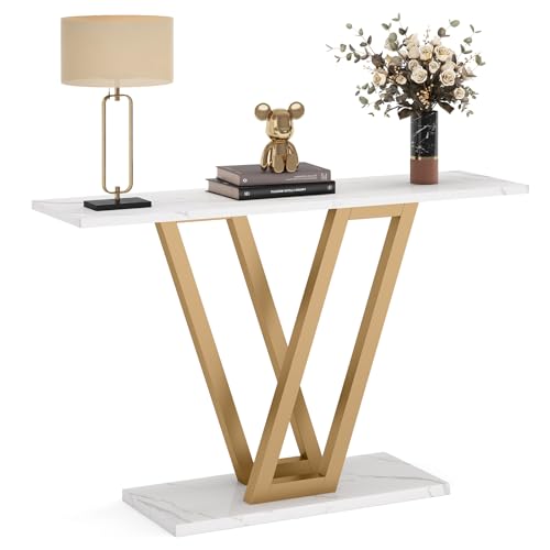 Tribesigns Gold Console Table, Modern Hallway Table for Entryway, 43 Inch Entryway Tables Narrow Sofa Table for Living Room, Stable Metal Frame & Easy Assemble, Faux Marble White Tribesigns
