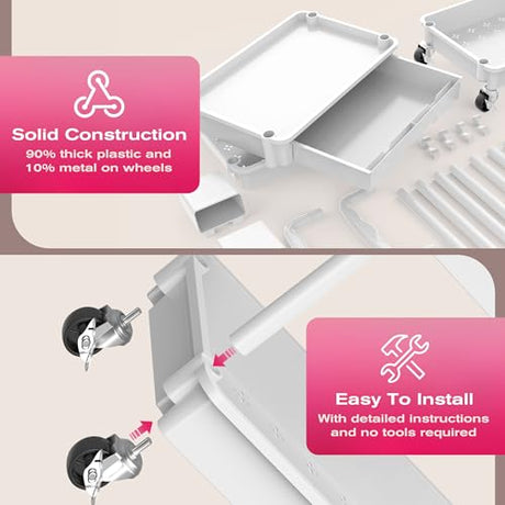 Goovilla Rolling Makeup Organizer Cart with Removable Drawer, 3 Tier Stable White Floor Skincare Storage Cart for Vanity, Cosmetic Display, Nail Polish, Perfume, Hair Stuff, Beauty, Bathroom(Plastic) Goovilla