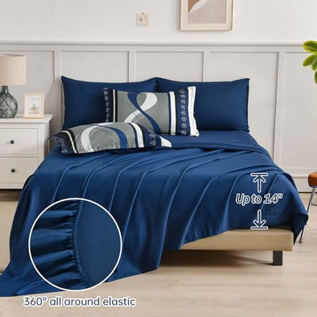 Anibedding Navy Blue Comforter Set Queen Size,8 Pieces Boho Bed in a Bag Patchwork Striped Comforter Set, Soft Microfiber Bedding Set for All Season(90"×90") Anibedding