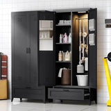 YITAHOME 71" Metal Garage Broom Cabinets with Adjustable Shelves, Vacuum Storage Cabinet with Doors and Drawer, Tool Storage Cabinet for Gym, Basement, Warehouse, Black, Metal YITAHOME