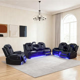 SITYRUBE Power Leather Recliner Sofa Set with LED Lights, Power Reclining Couch Set，Leather Living Room Sofa 3 Pieces with Coffee Table/Cup Holder for House/Home Theater(Black,6 Seater)