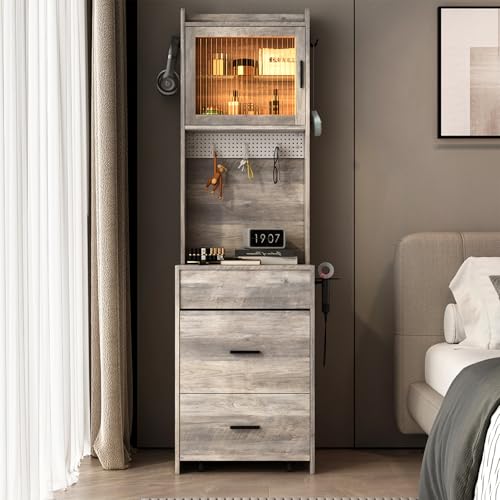 Karl home 3 in 1 Vanity Desk with Fold-up Panel Lighted Mirror, Small Vanity Table Set with Hidden Storage Stool Charging Station for Bedroom, Compact Corner Vanity Set with Storage Cabinet, Gray Karl home