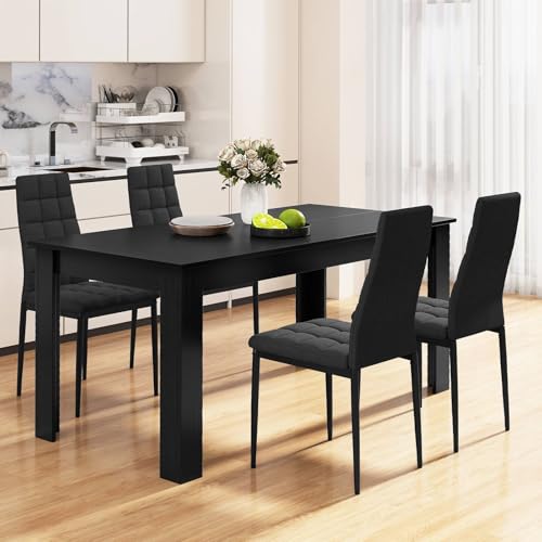 Giantex 5-Pieces Dining Table Set for 4, 63" Large Kitchen Table and 4 Fabric Dining Chairs with Padded Seat, High Backrest, Anti-Slip Foot Pad, Space-Saving Dinette Set for Restaurant Giantex