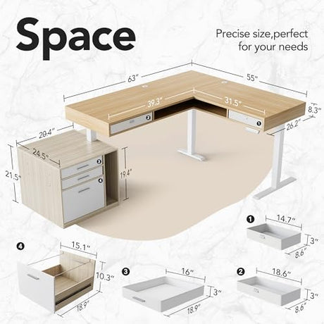 HUANUO Electric L Shaped Standing Desk with 2 Storage Drawers & File Cabinet, 63'' x 53'' Height Adjustable Corner Standing Desk, Computer Desk with Cable Management Tray, Light Walnut HUANUO