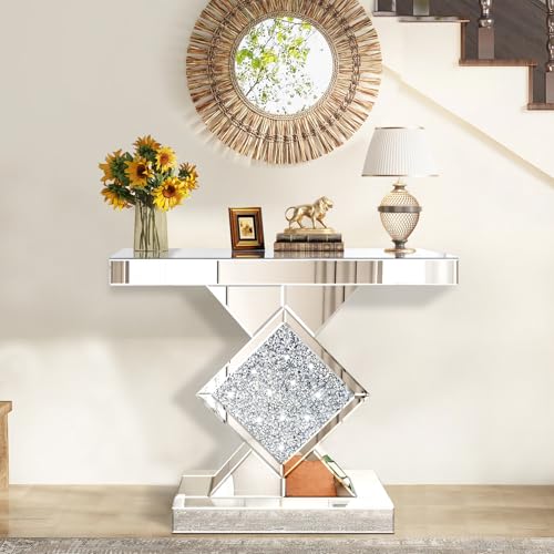 GA Home Silver Mirrored Console Table with Crushed Diamond lnlay, 32" Long Entryway Sofa Table, Shiny Narrow Table for Living Room, Hallway Foyer, Entrance GA Home