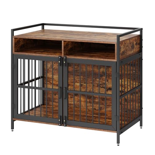 VEVOR Furniture Style Dog Crate with Storage, 41 inch Dog Crate Furniture Large Breed with Double Doors, Wooden Dog Cage for Large/Medium Dog Indoor, Hold up to 70 lbs, Rustic Brown - WoodArtSupply