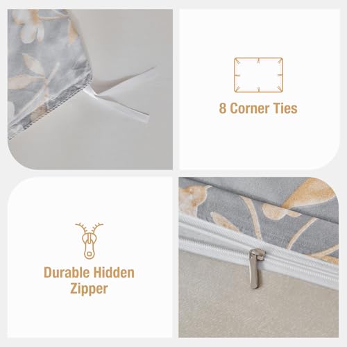 Lekesky Queen Duvet Cover Set, Gold Floral Duvet Cover Queen Size, 3 Pieces Grey Bedding Sets with Zipper, Ultra Soft Microfiber Reversible Queen Size Comforter Cover with 2 Pillowcases 20"x26" Lekesky