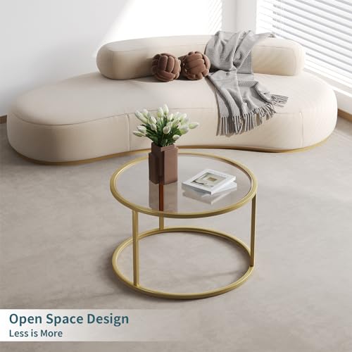 SAYGOER Small Glass Coffee Table Round Gold Coffee Table for Small Space Modern Simple Center Table with Gold Frame for Living Room Home Office, Easy Assembly SAYGOER