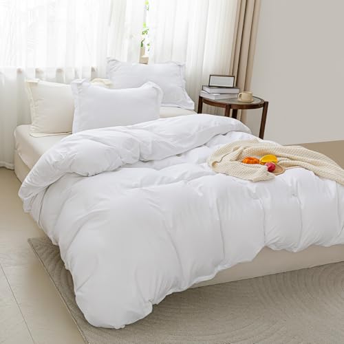 SheRest White Duvet Cover Full Size - Soft Brushed Microfiber, 3 Pieces, 1 Duvet Cover 80x90 Inches with Zipper Closure 8 Ties & 2 Pillow Shams, Breathable Bedding Set for All Season (No Comforter) SheRest
