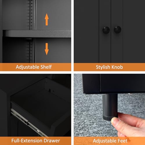 JINKUR Metal Storage Cabinet with 2 Drawers and Adjustable Shelf, Sideboard Buffet Cabinet for Home, Office, Hallway, Entryway, Living Room, Kitchen Pantry and Dining Room (Black) JINKUR
