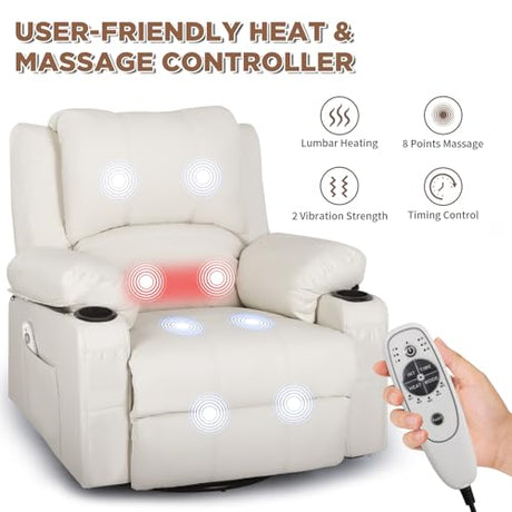 Comermax Faux Leather Rocker Recliner with Heat and Massage Cup Holders, Overstuffed Rocking Recliner Swivel Glider Chair for Nursery Heated Massaging Reclining Chair, Cream White Comermax