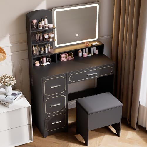 Hogxp Vanity Table with LED Mirror & Power Outlet - 5 Open Shelves, 4 Drawers - Includes Padded Stool - Ideal Bedroom Makeup Dressing Table （Black） Hogxp