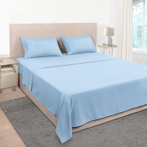 Mejoroom Queen Sheet Set - Hotel Luxury 1800 Sheets & Pillowcase Sets - Extra Soft Bed Sheets - Deep Pocket Fitted Sheet, Breathable, Wrinkle & Fade Resistant - 4 Piece (Queen,Light Blue) Mejoroom