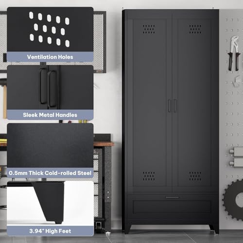 YITAHOME 71" Metal Garage Broom Cabinets with Adjustable Shelves, Vacuum Storage Cabinet with Doors and Drawer, Tool Storage Cabinet for Gym, Basement, Warehouse, Black, Metal YITAHOME