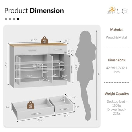 SUNLEI Sideboard Buffet with Storage, Farmhouse Kitchen Cabinet with 3 Doors and 2 Drawers, Coffee Bar Cabinet with Storage for Living Room, White SUNLEI