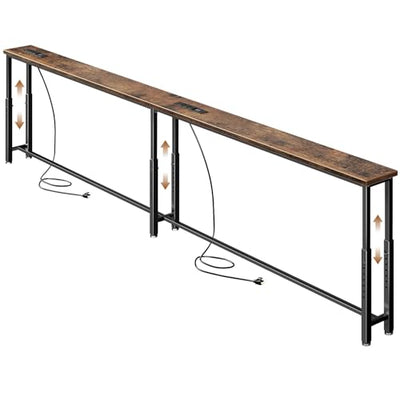 SEFILENCE 102.4’’ Narrow Console Table with 26"–34" Height Adjustable, Behind Couch Table Skinny with 2 Power Outlets and USB Ports, Long Sofa Tables for Living Room and Small Spaces, Rustic Brown
