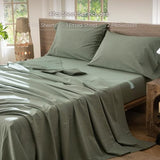MooMee Bedding Sheet Set 100% Washed Cotton Linen Like Textured Breathable Durable Soft Comfy (Heathered Green, King) MooMee
