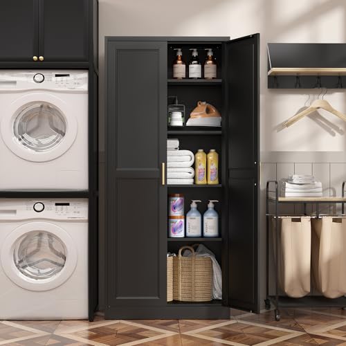 SteeLoong Kitchen Pantry Cabinet,71”Black Metal Pantry Storage Cabinet with Doors and 4 Adjustable Shelves,Kitchen Cabinet with 2 Gold Handles,Tall Cabinet for Livingroom,Pantry, Bathroom SteeLoong