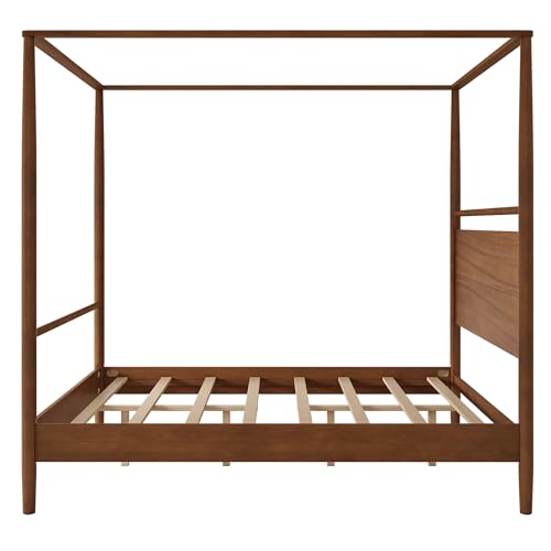 Solid Wood Canopy Platform Bed Queen Size,Mid-Century Modern Four Posters Platform Bed Frame with Full-Length Slide Rails & Headboard,Under-Bed Space,No Box Spring Needed,Walnut