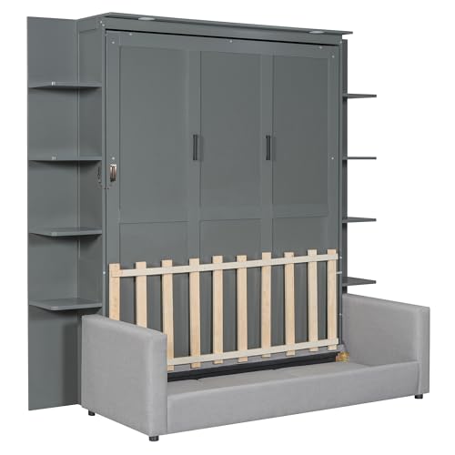 Merax Murphy Bed Cabinet Queen Size with Sofa, Queen Murphy Bed with Couch, Adult Wall Murphy Queen Size Bed Frame with Storage Shelves and LED Lights, Grey Merax