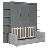Merax Murphy Bed Cabinet Queen Size with Sofa, Queen Murphy Bed with Couch, Adult Wall Murphy Queen Size Bed Frame with Storage Shelves and LED Lights, Grey Merax