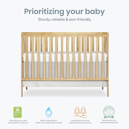 Dream On Me Synergy 5-in-1 Convertible Full-Size Baby Crib with Toddler, Day & Full Bed Conversion in Natural, GreenGuard Gold & BSA, 3 Mattress Heights, Sustainable Pinewood