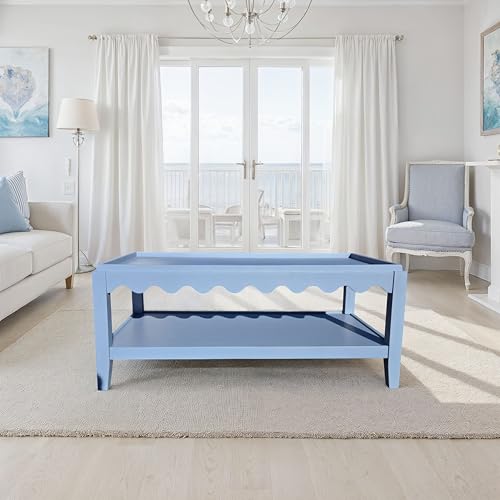 Carolina Chair & Table Scallop Coffee Table, Rectangular Mango Wood Side Table, Decorative Edge and Lower Shelf (Light Blue) Carolina Chair & Table