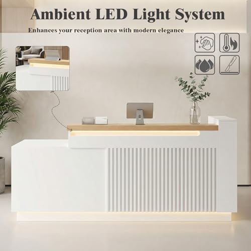 63" L-Shaped Front Desk with Built-in Outlets, Modern Reception Desk with LED Lights & Counter, White Checkout Counter with Lockable Drawers and Storage Shelves for Office, Salon, Retail and Lobby