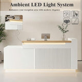 63" L-Shaped Front Desk with Built-in Outlets, Modern Reception Desk with LED Lights & Counter, White Checkout Counter with Lockable Drawers and Storage Shelves for Office, Salon, Retail and Lobby
