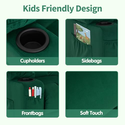 MCombo Big Kids Recliner for Ages 3+, Child Reclining Chair, Toddlers Recliner Sofa with Cup Holders (Velvet, Green)