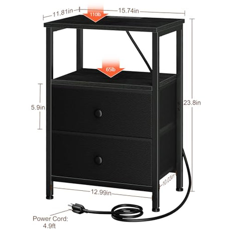 LOAKEKEL Nightstand with Charging Station, End Table with 2 Fabric Drawers, Night Stand for Bedroom, Small Bed Side Table with USB Ports and Outlets for Living Room, Black, HETS020BK-1 LOAKEKEL