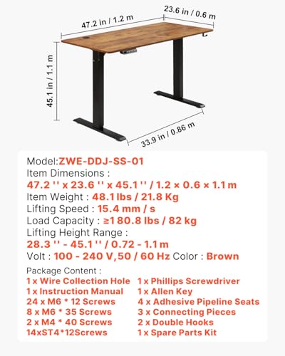 VEVOR Height Adjustable Desk, 47.2 x 23.6 in, Support 180 lbs, Electric Standing Desk with 3 Memory Presets, Sturdy Dual Metal Frame, Versatile Computer Sit Stand up Desks, Suitable for Home Office VEVOR