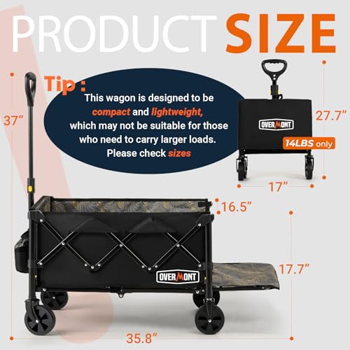 OVERMONT Collapsible Foldable Wagon Cart - 220lbs Extended Heavy Duty Folding Utility Wagons with Wheels - 100L Lightweight Garden Grocery Cart for Shopping, Grocery,Sports,Garden Overmont