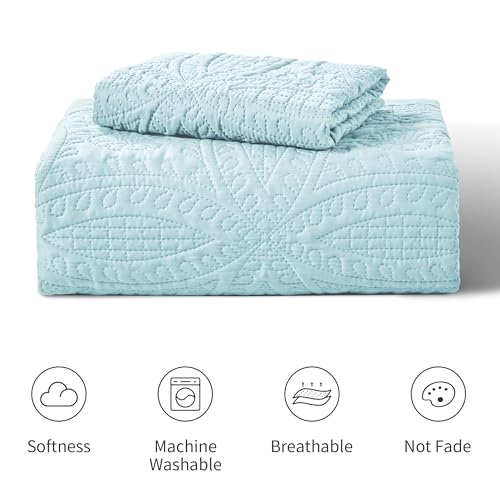 Love's cabin Twin Quilt Set Spa-Blue Bedspreads - Soft Bed Summer Lightweight Bedspread Comforter - Modern Style Coin Pattern Coverlet for All Season - 2 Pieces (1 Quilt, 1 Pillow Sham) Love's cabin