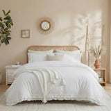 Merryword 100% Cotton Ruffled Comforter Set Queen, White Shabby Chic Farmhouse Bedding Set French Country Cute Comforter Set Merryword