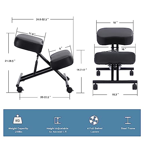 SOMEET Ergonomic Kneeling Chair, Modern Style, Kneeling Office Chair, Black Pu Kneeing Chair, Metal Frame, Foam Seat, 250 lbs Weight Capacity, Adjustable Height, Lockable Casters SOMEET