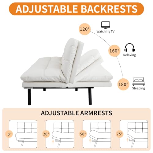 MUUEGM 71-Inch Convertible Futon Sofa Bed with Adjustable Backrest & Removable Armrests, Foldable Sleeper Loveseat for Small Space Living Room, Studio Apartment, Home Office，White MUUEGM